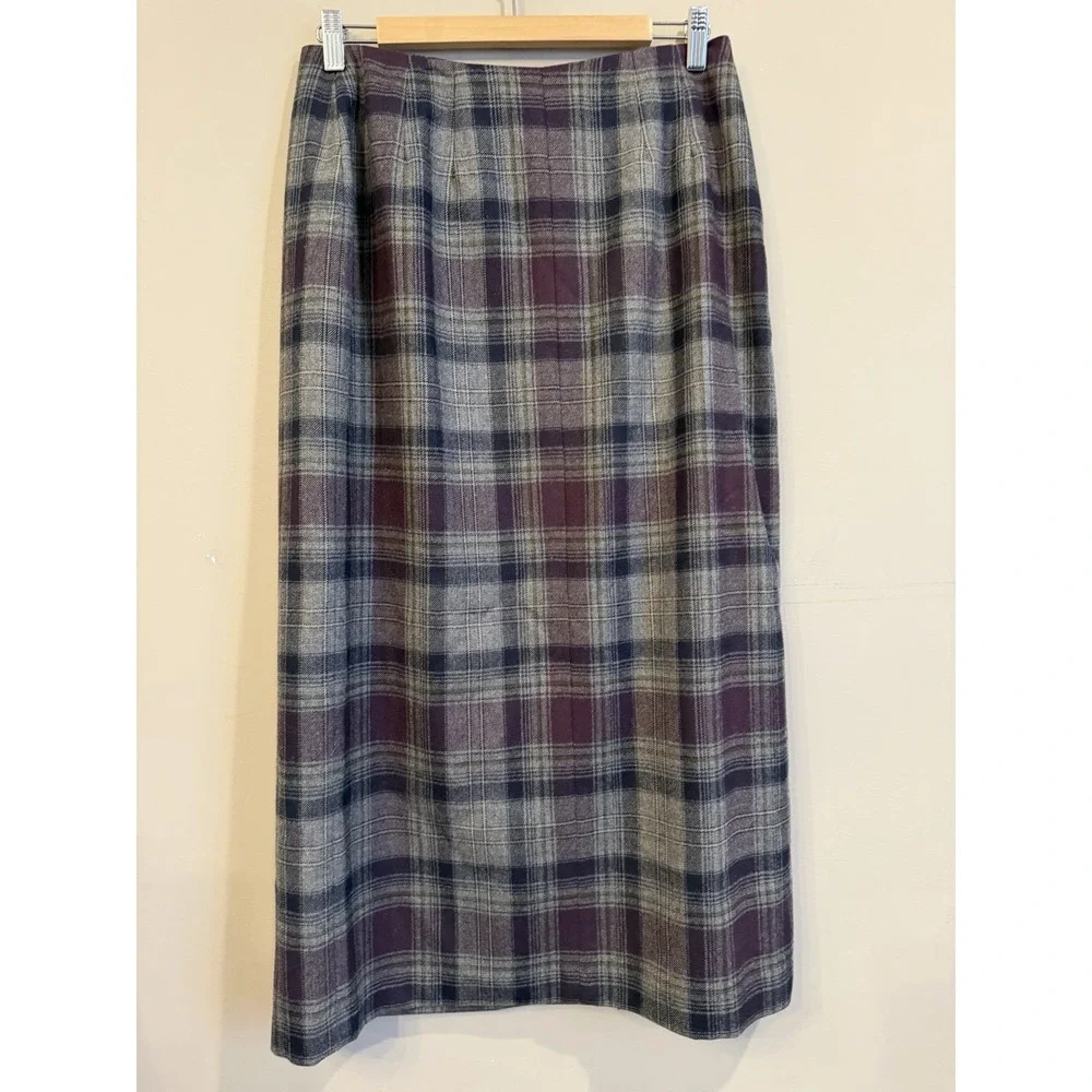Vintage Talbots Purple Grey Plaid Wrap Skirt Wool Size 10
